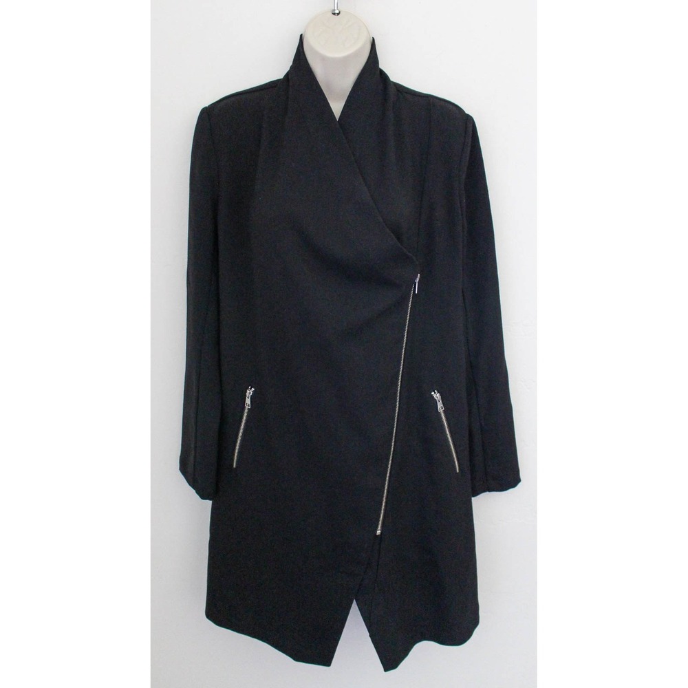 Soia & Kyo Coat Jacket Small Black Asymmetrical Zipper Pockets Long Lightweight